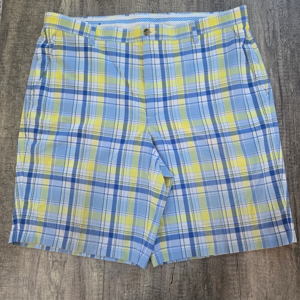 FootJoy Mens Blue Yellow Plaid Golf Shorts Size 40 Performance Flat Front